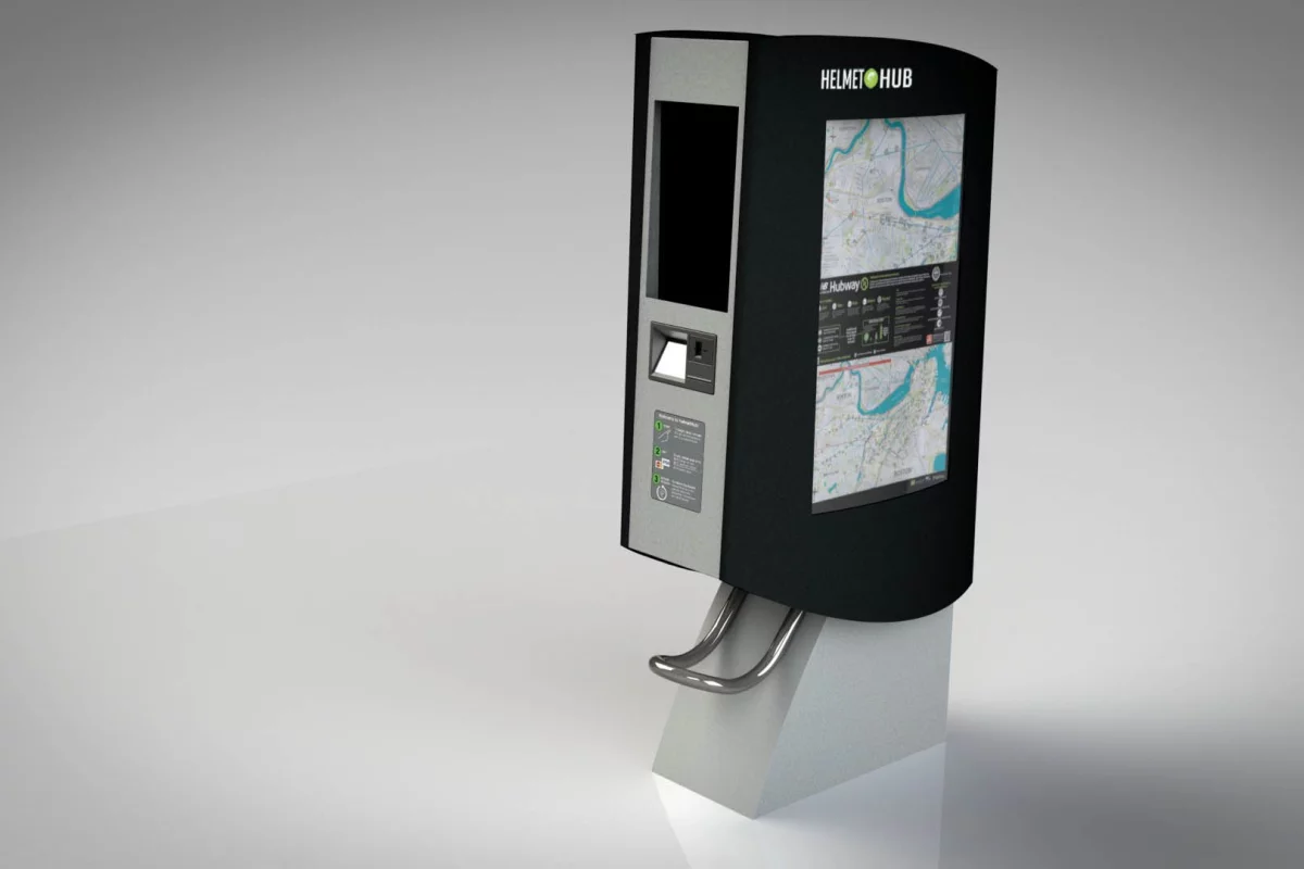The HelmetHub dispenses and receives bike helmets