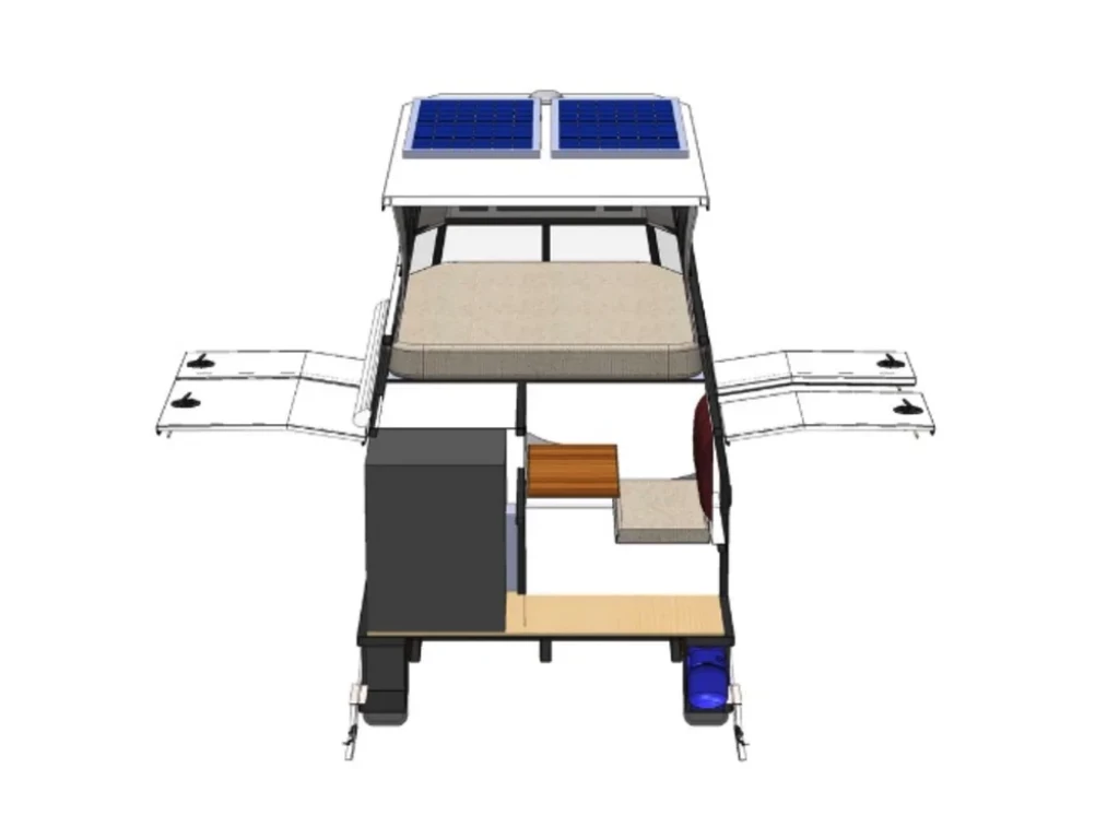 The foldaway table and sofa bench become a two-person dinette