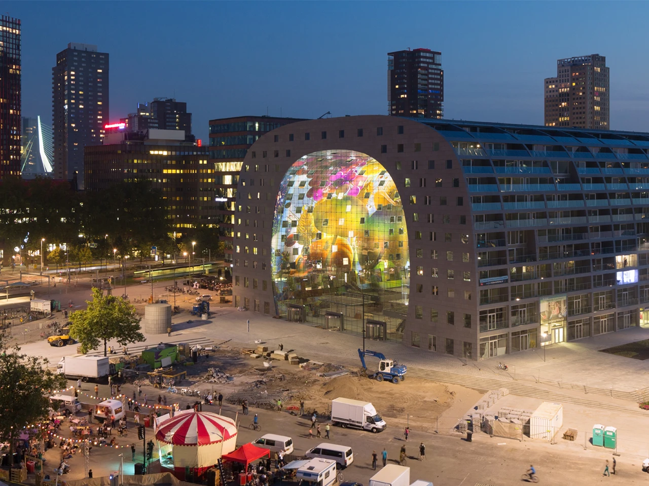 A view of the Markhal and ongoing construction work at night