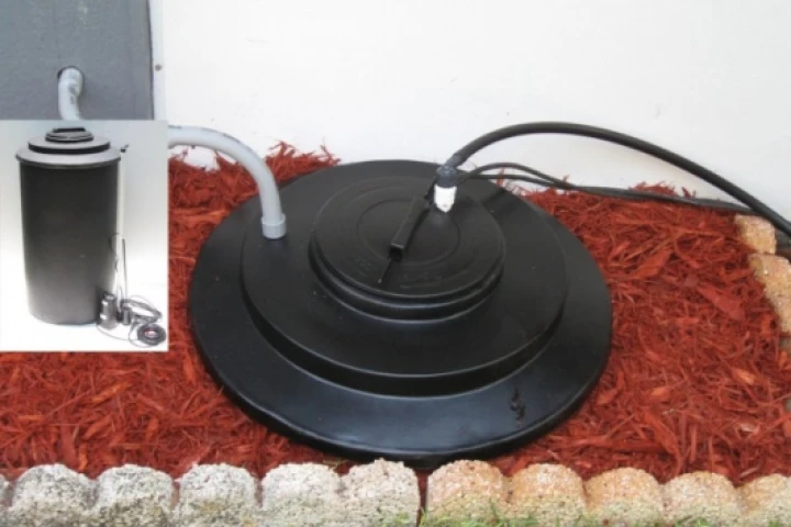AIR-igator : A 24” diameter, 65 gallon polyethylene tank is buried in the ground and the condensate drain pipe plumbed straight in.