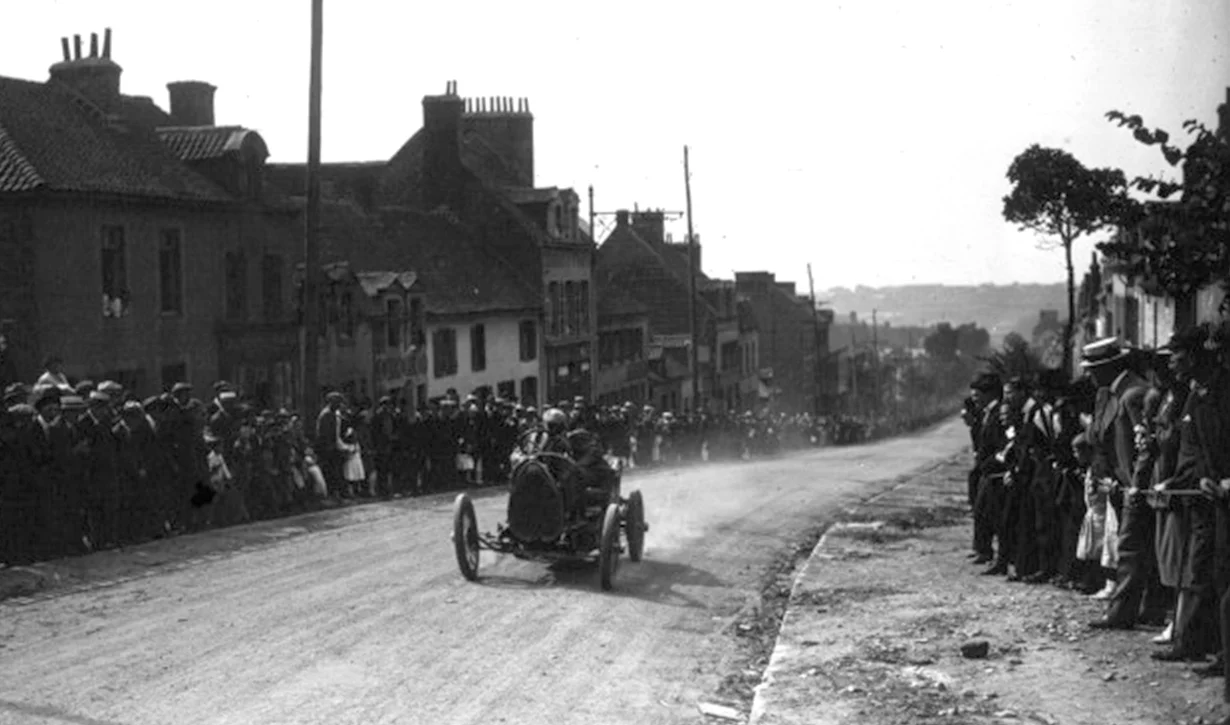 The Bugatti T13 of Charavel during a race at Boulogne. Track safety was largely non-existent a century ago, with helmets not used until the thirties and robust barriers to protect crowds virtually ignored until the Le Mans disaster of 1955.