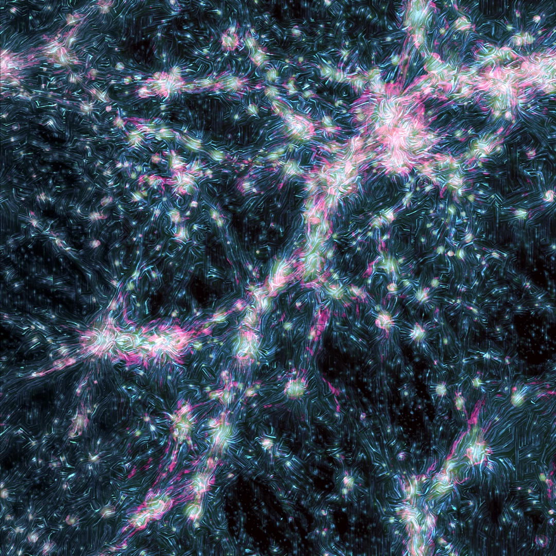 A composite simulation image consisting of radio, magnetic fields and gases