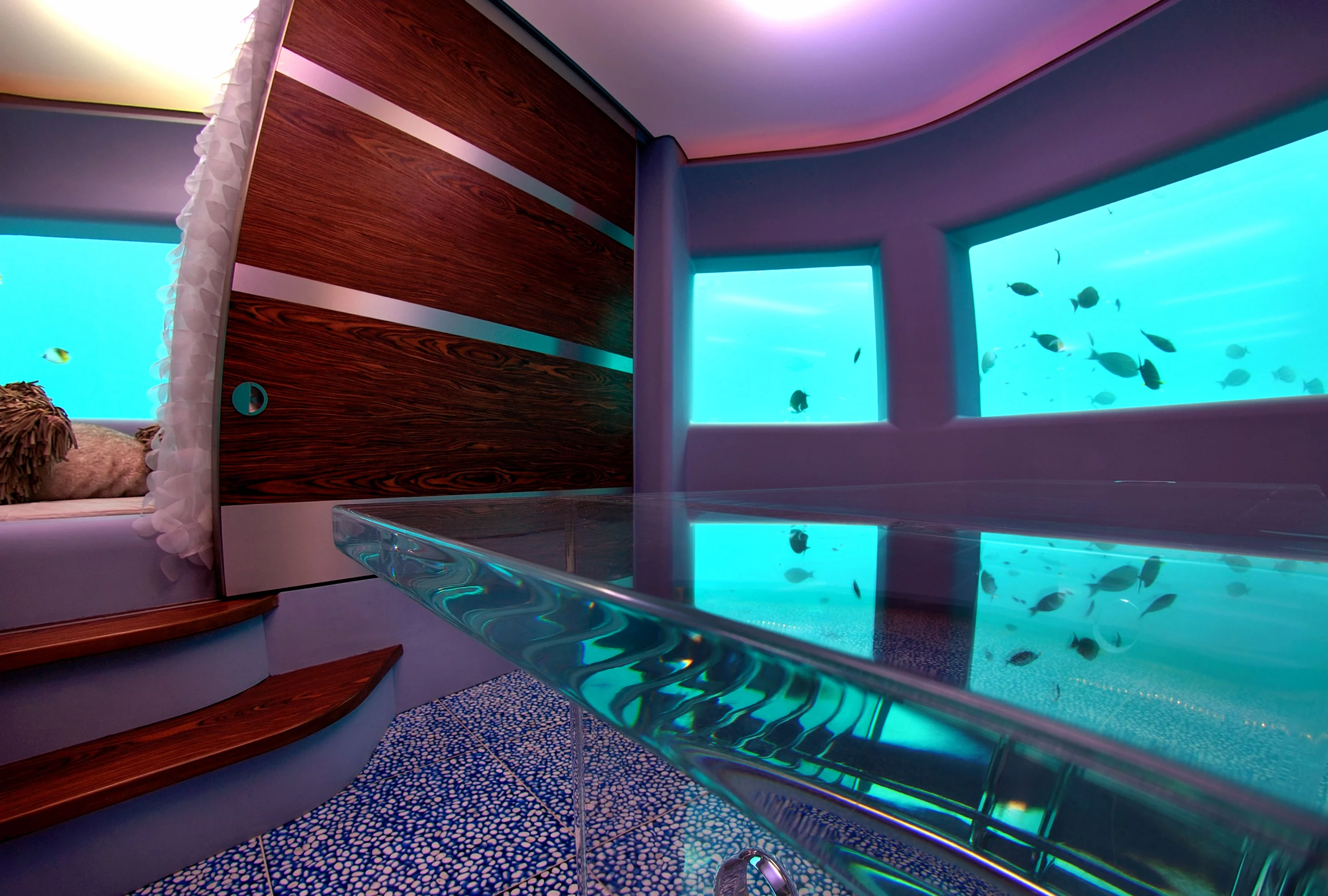 Visitors to Huvafen Fush's submarine spa are given an underwater view of the Indian Ocean