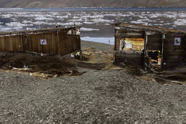 A 3D image of the huts at Fort Conger
