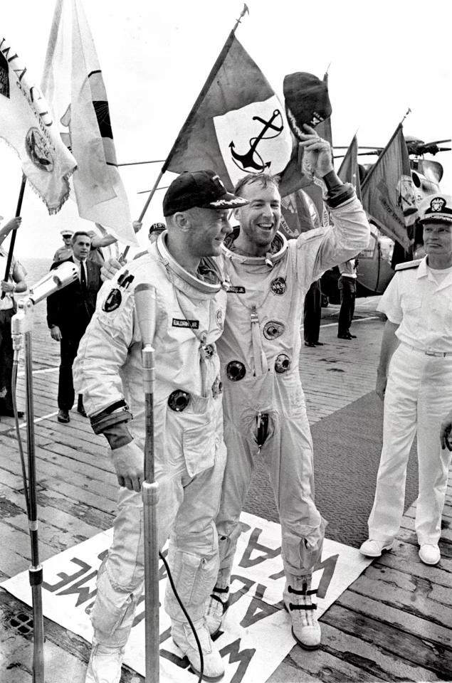 Jim Lovell and Buzz Aldrin on the deck of the USS Wasp following the final Gemini mission (Photo: NASA)