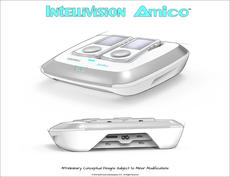 The Intellivision Amico looks like sleeky, curvy trapezoid with two controllers perched on top