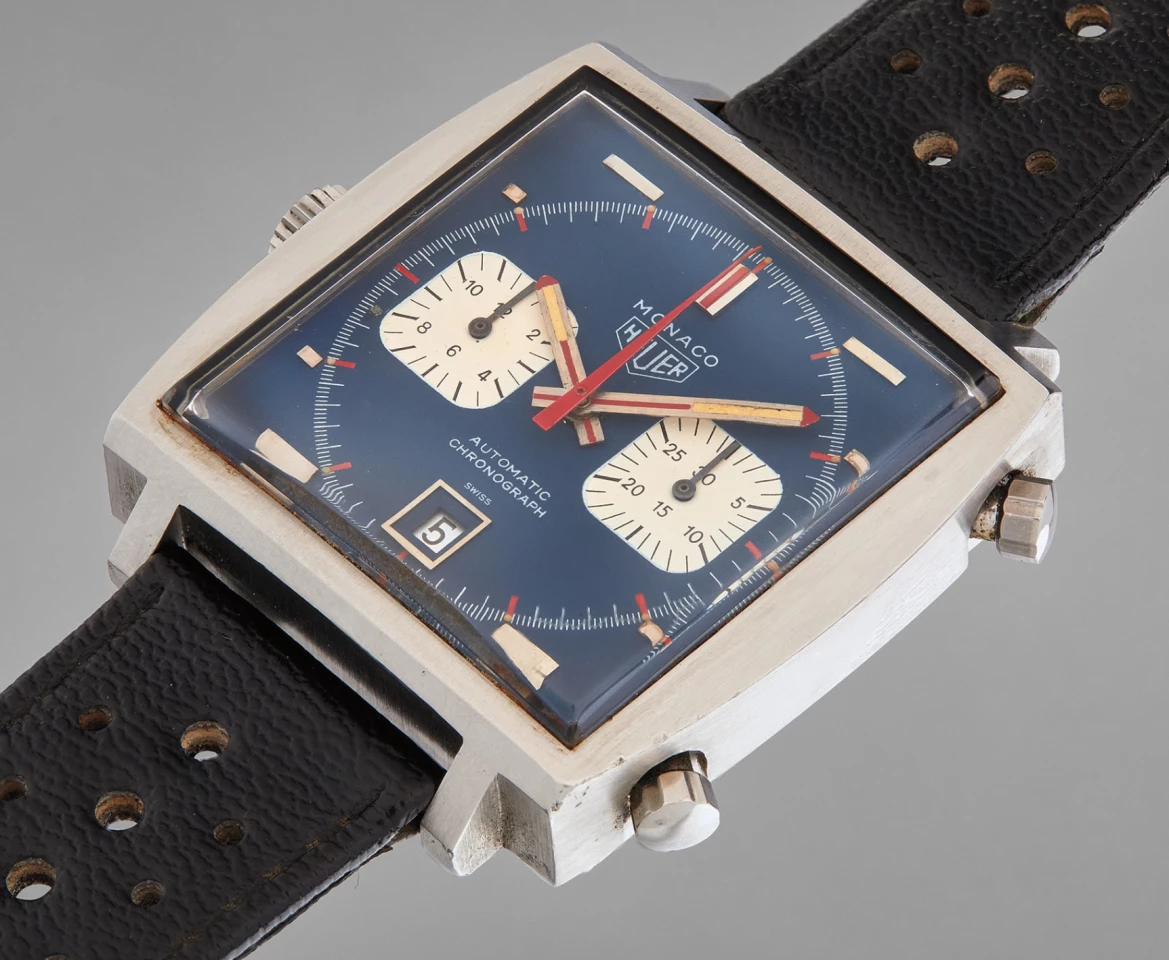 This Tag Heuer Monaco Ref. 1133 watch was worn by Steve McQueen during the filming of the 1971 movie Le Mans. While other watches among the original six were almost all worn by McQueen at some stage, this watch is most definitely one of those that was worn during racing and filming and it sold for $2,280,000 at Phillips on December 12, 2020