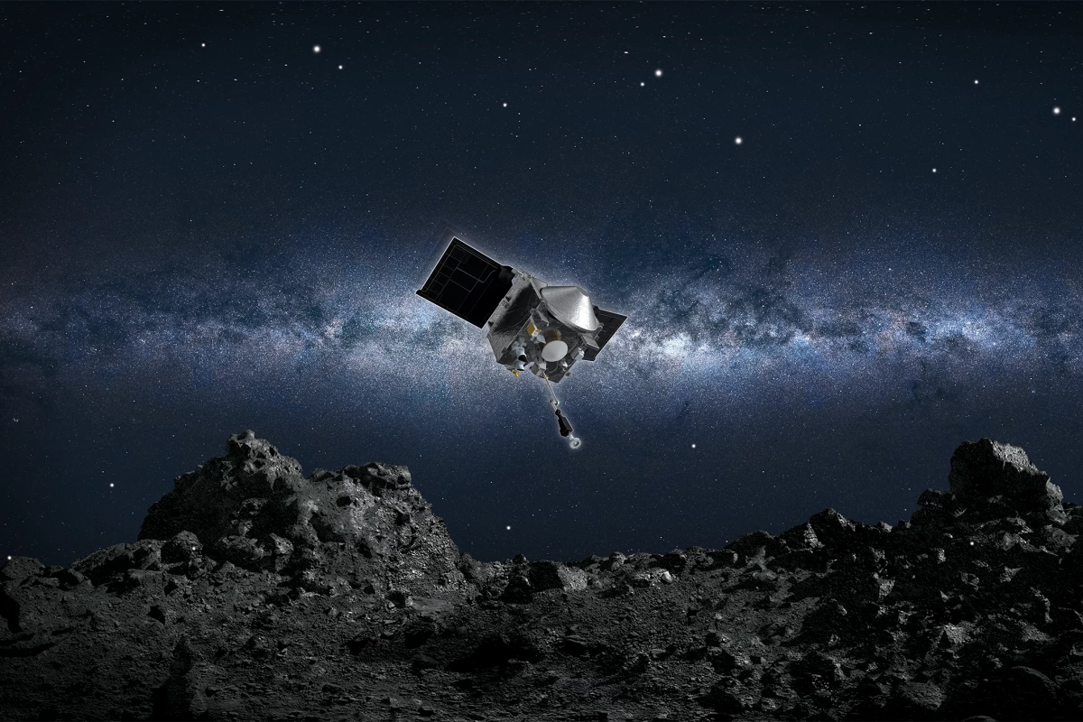Artist's concept of OSIRIS-REx approaching Bennu for Touch-And-Go (TAG) maneuver