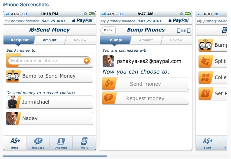 Some iPhone screen grabs which show how PayPal Send Money 2.0 app keeps you solvent