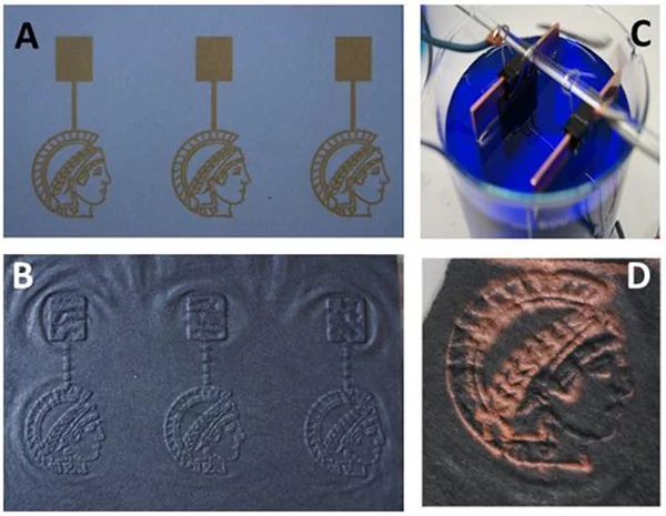 The Max Planck logo is printed with catalyst, heated, then electroplated to prove its conductive properties