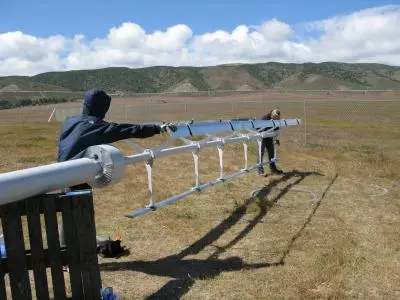 A vertical-axis turbine, prior to being hoisted upright at Dibiri's pilot project wind farm