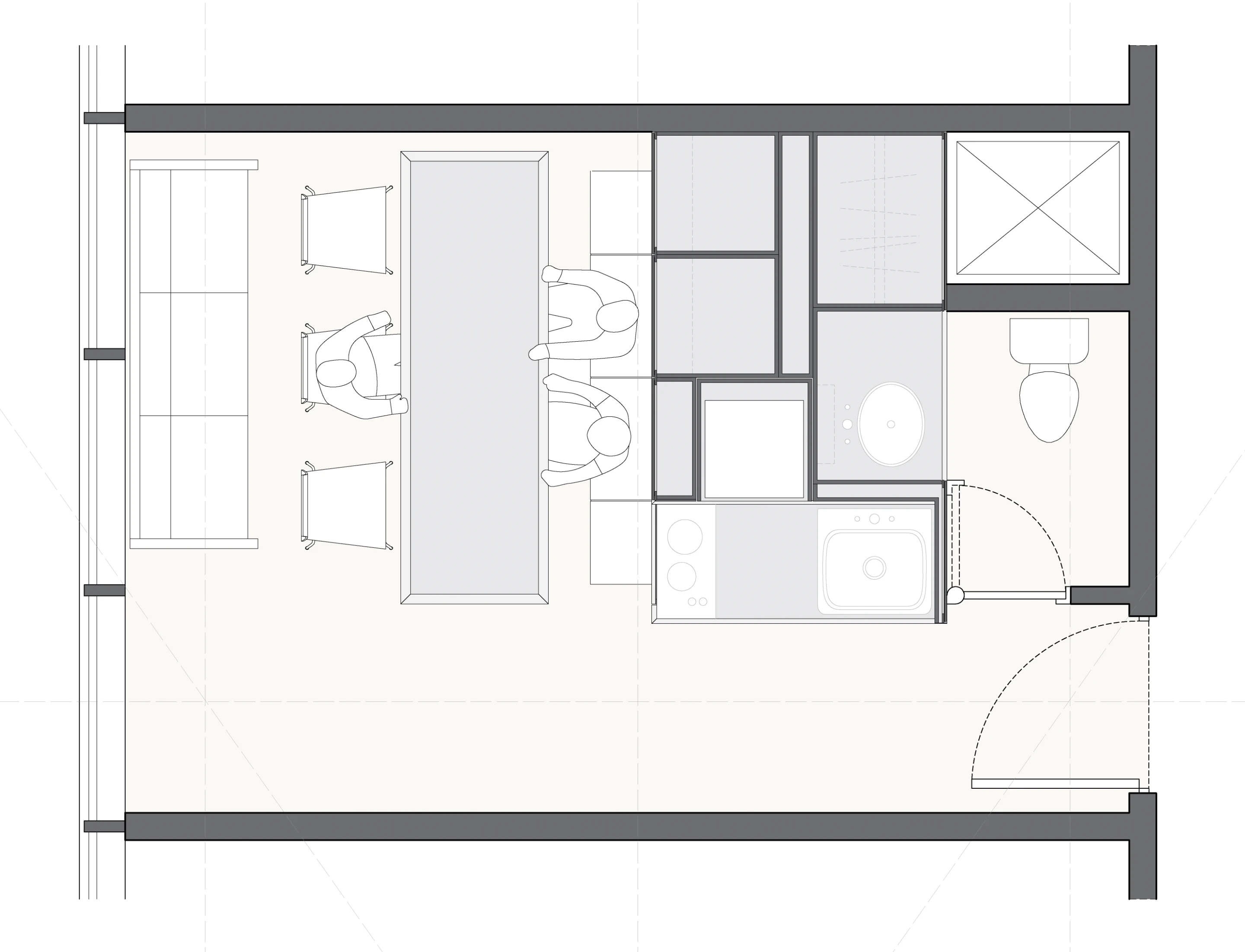 Drawing shows the unit moved towards the bathroom to allow the concealed 6-person dining table to be extended