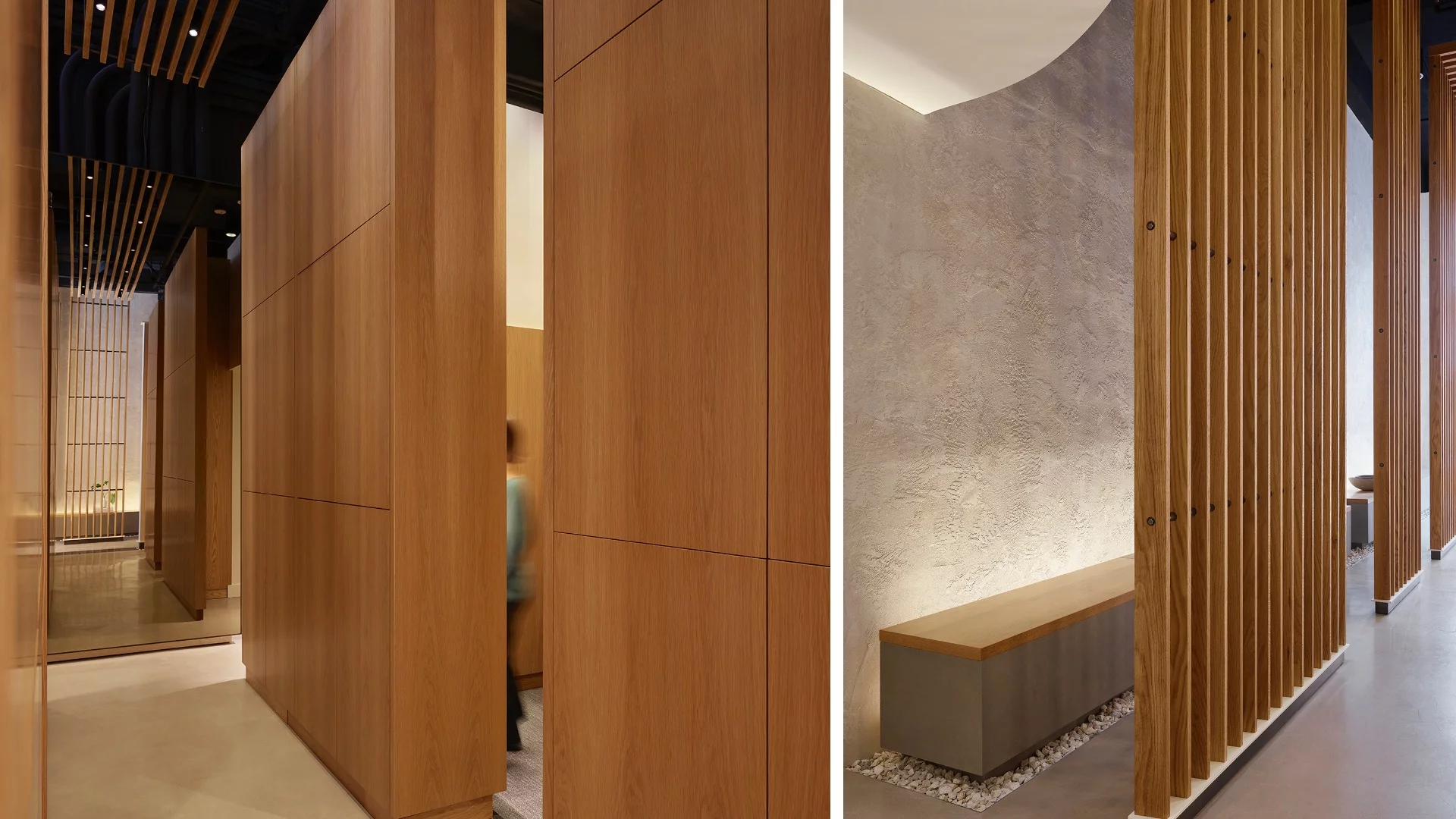 In lieu of a waiting room, a park-like bench runs the length of the interior of Studio Dental II