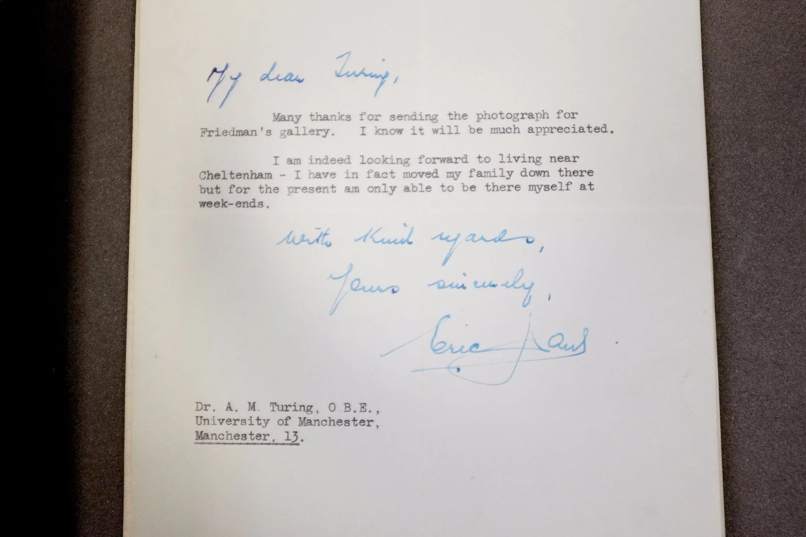 A letter sent to Alan Turing