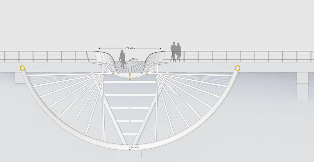 The design is one entry in a RIBA-sponsored competition for the design of a Salford Meadows footbridge, the results of which will be announced towards the end of November (Image: penda)