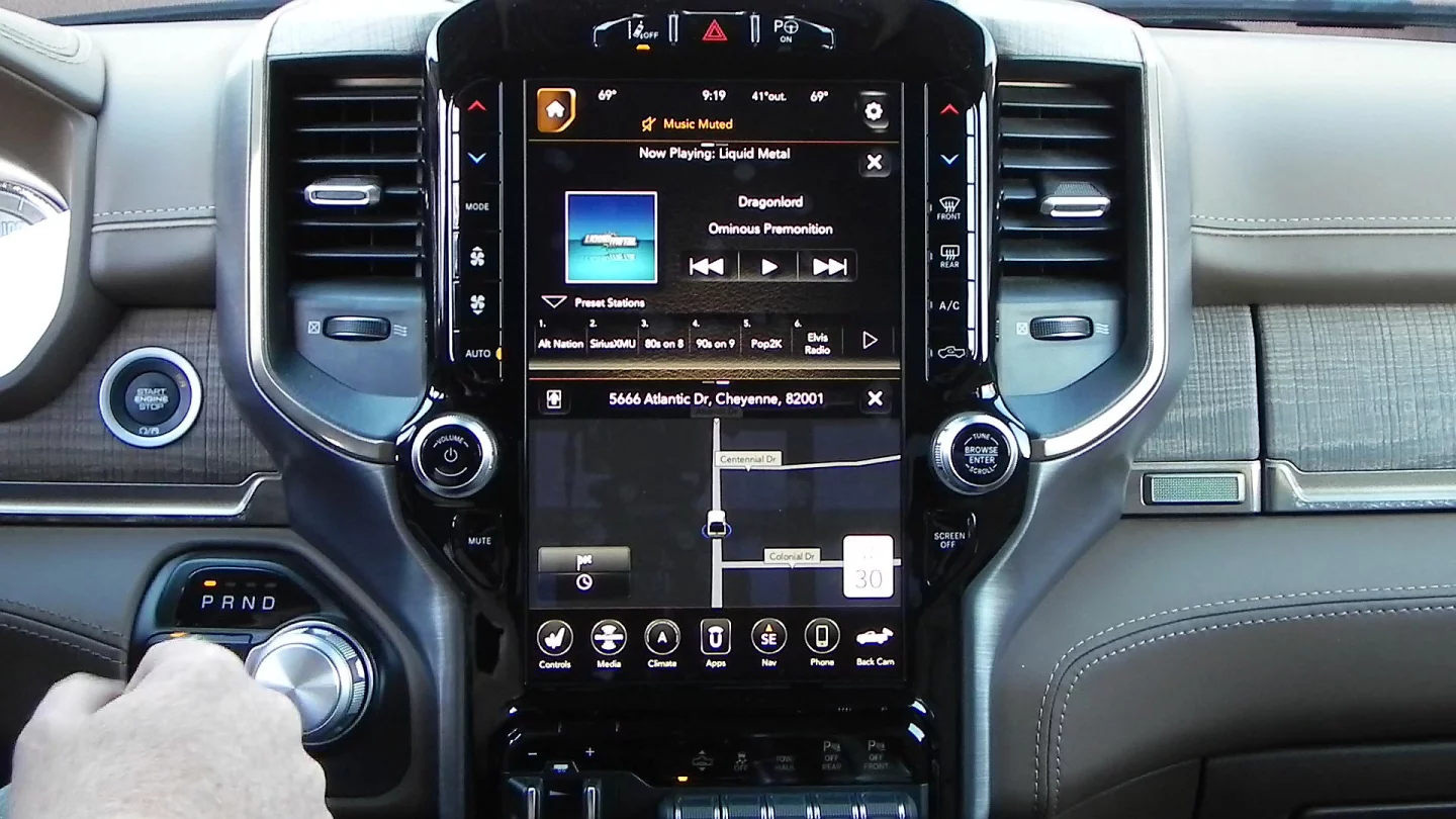 With audio entertainment shown above and navigation below, the 12-inch Uconnect allows easy use of two apps at once. Tapping on either will make it fill the screen