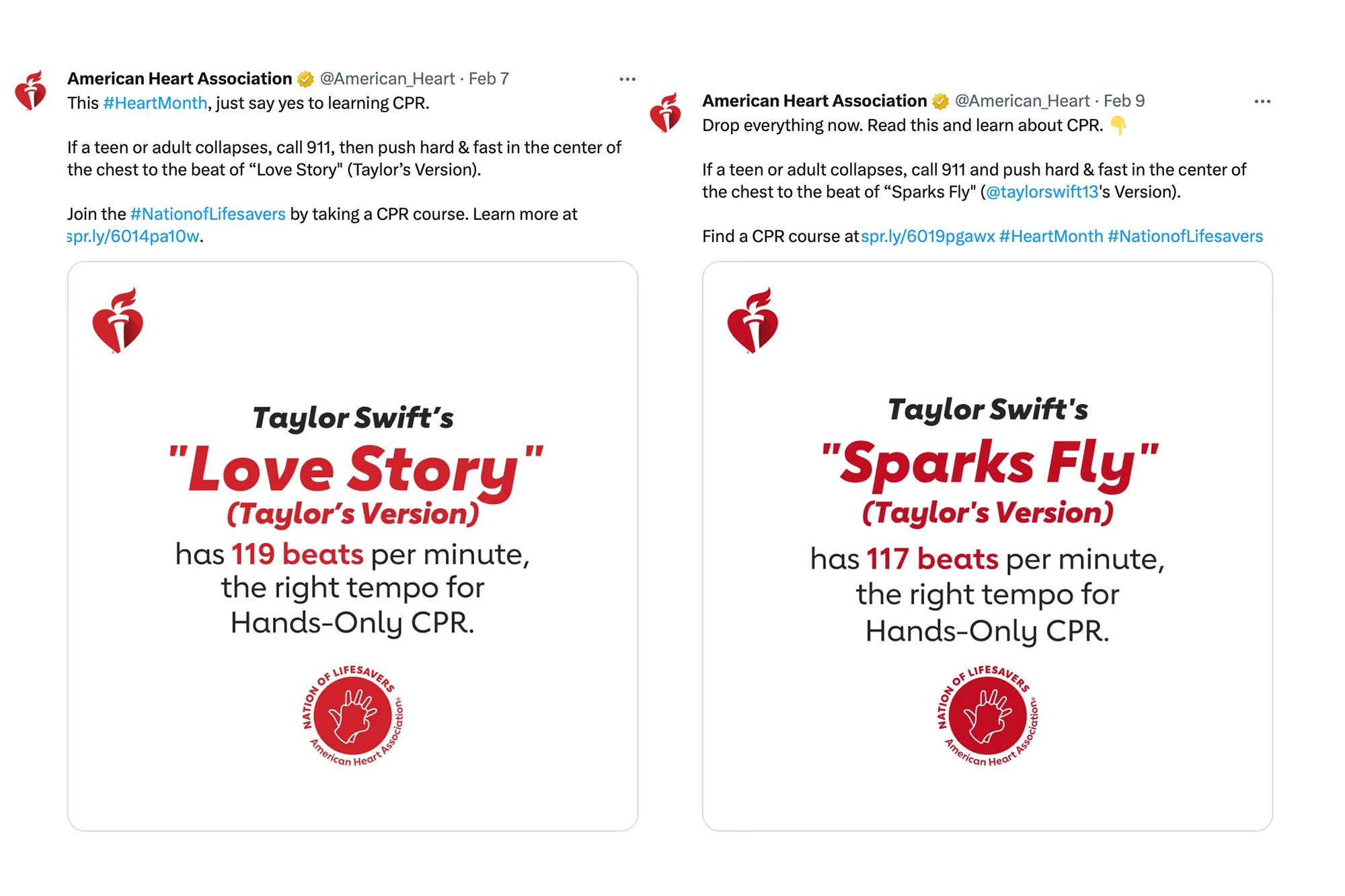 Taylor CPR posts by the American Heart Foundation on X (formerly Twitter)