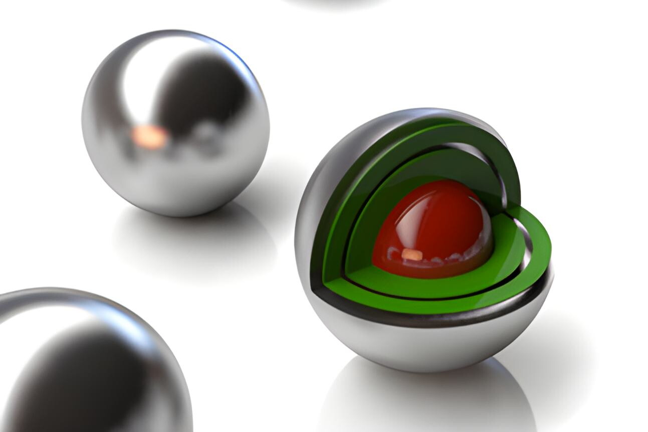 A model illustrating the core and insulating shell of a TRISO particle