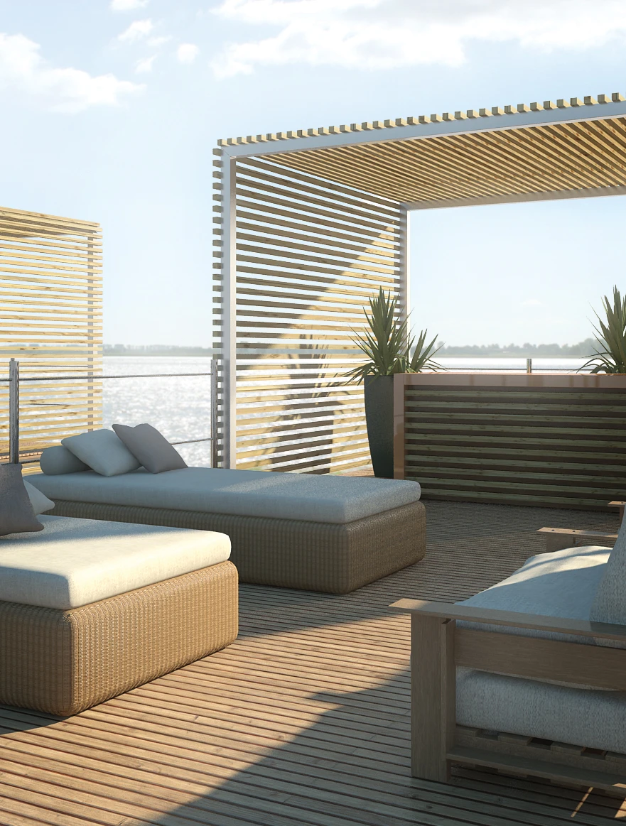 Some modules include a rooftop terrace, outdoor dining and private lounge areas