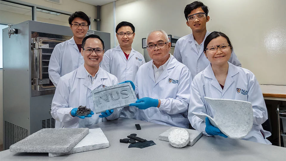 The research team, with samples of the aerogel – lead scientists Duong Hai-Minh (left) and Nhan Phan-Thien are holding the NUS mat