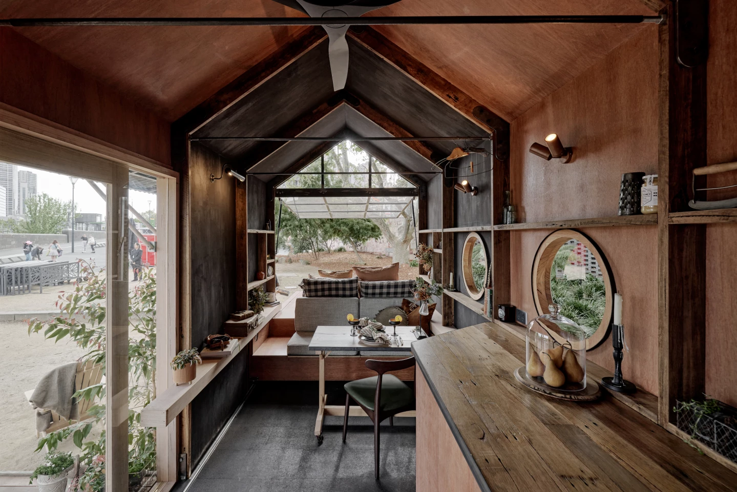 Stella the Stargazer's interior decor makes use of reclaimed hardwood