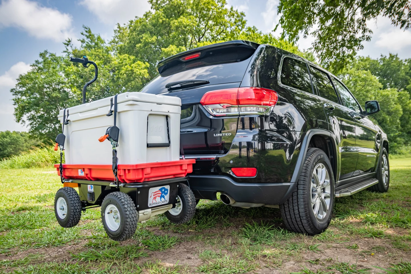The Buffalo Cart can be carried on a vehicle's trailer hitch