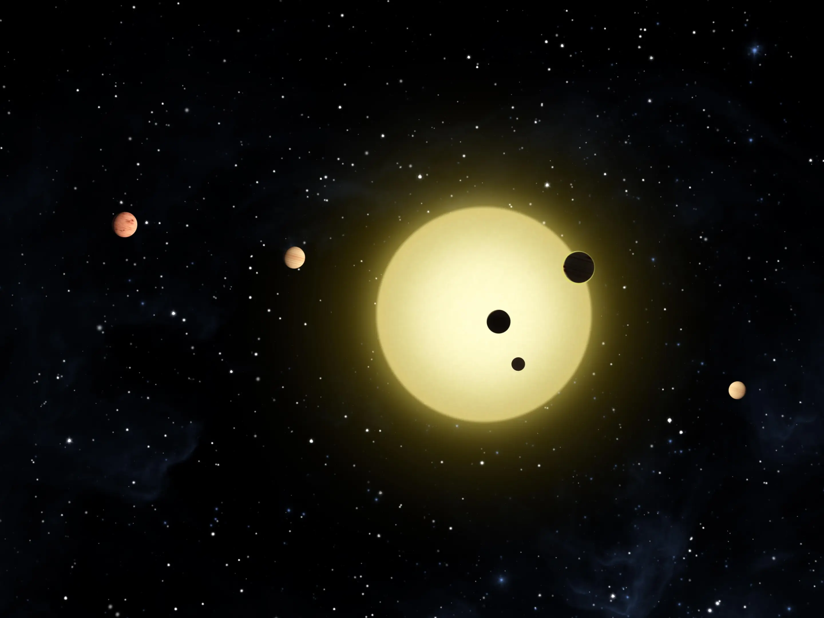 Artist's impression of Kepler-11 planetary system as three planets transit - observed by NASA's Kepler spacecraft on Aug 26 2010 (Credit: NASA - Tim Pyle)
