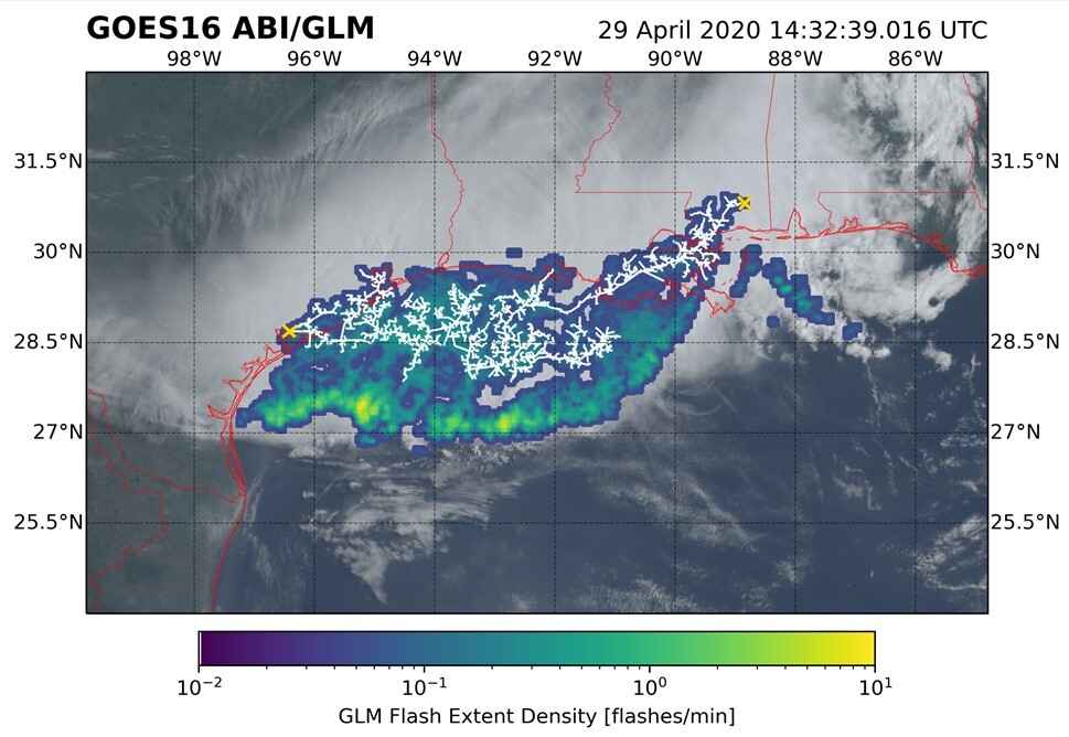 Satellite imagery of the longest recorded lightning strike, stretching 768 km across three US states