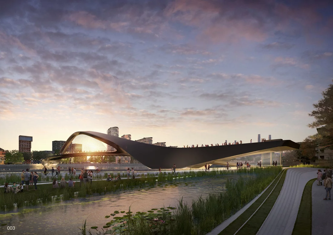 A design with a thick base and overhangs beyond the river (Image: NEP Bridge Competition)