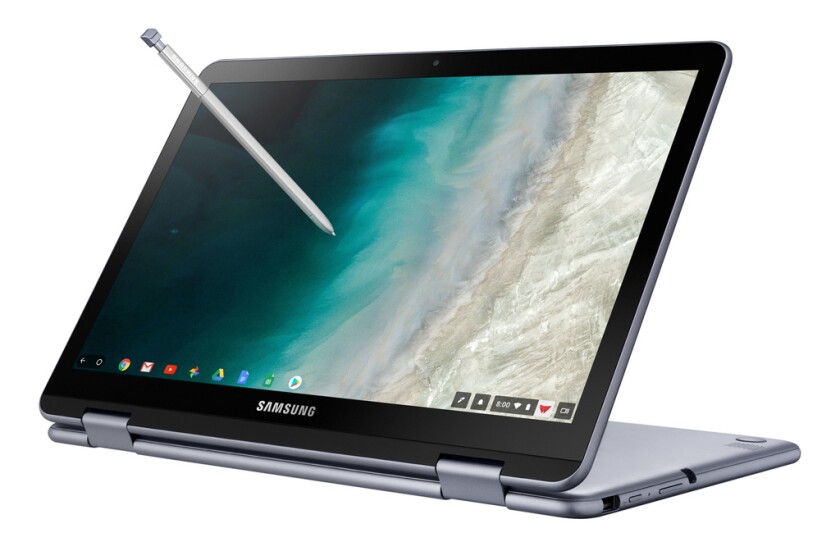 The Chromebook Plus (V2) features a 360-degree hinge for laptop or tablet modes
