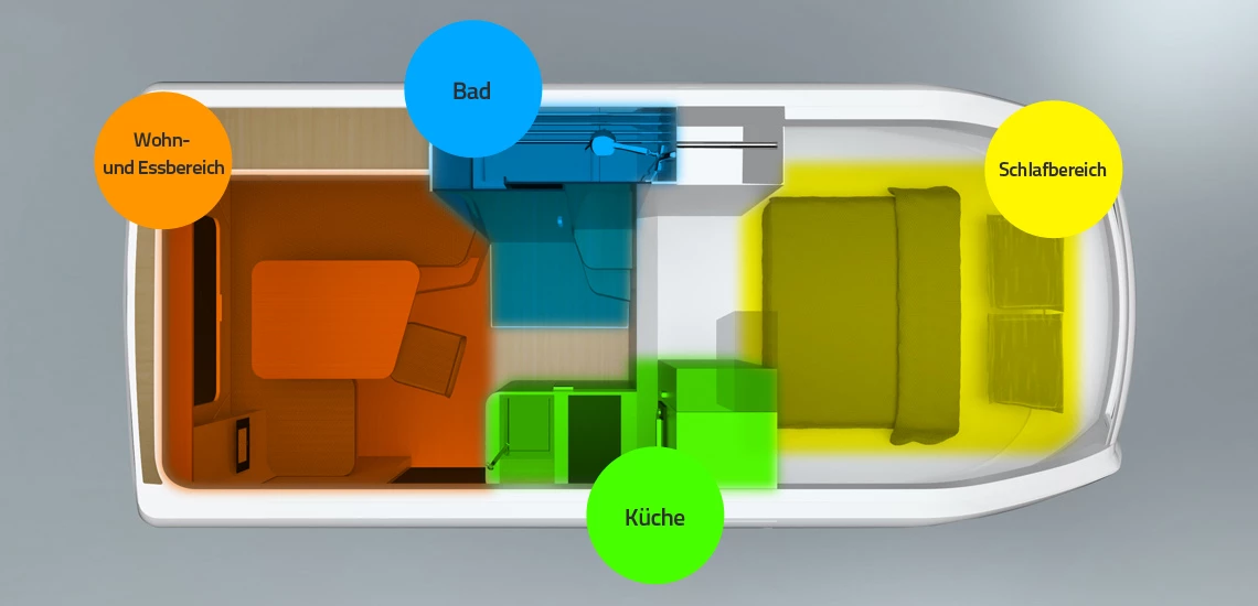 Floor plan of the GehoCab Kora with rear living/dining area, midships bathroom and kitchen, and alcove bed. The dinette also transforms into a bed