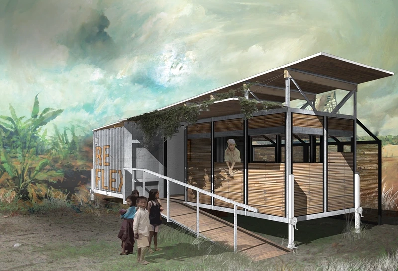 Render of the winning Student design, a shipping container that can be delivered to a location to provide an extended and customizable healthcare space