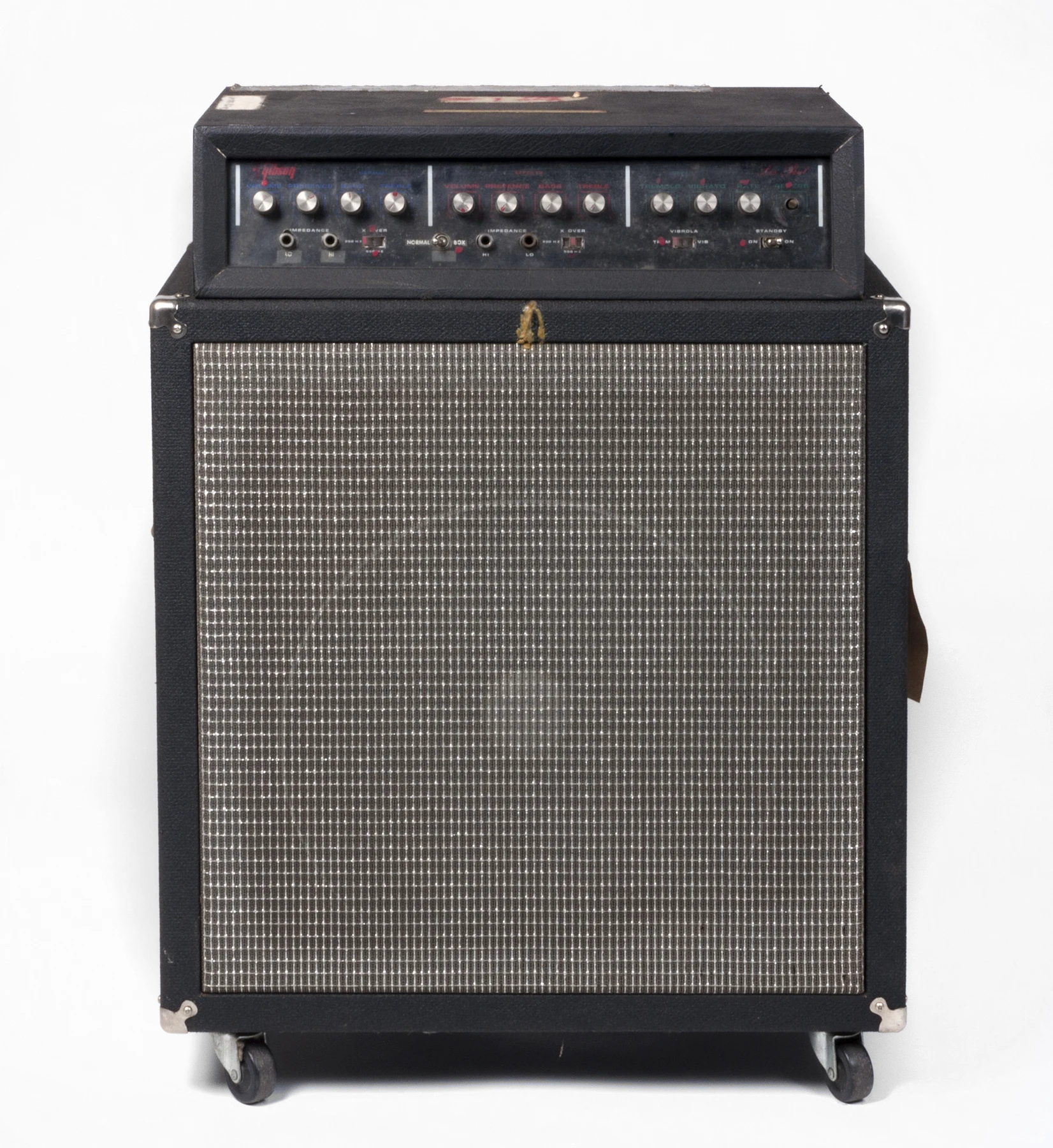 The Plexiglass panel of Les Paul's touring rig still has the guitarist's preferred settings marked in red nail polish