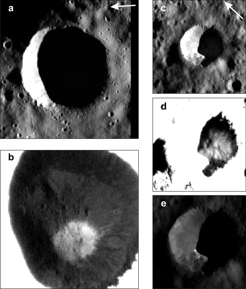 Crater No. 1, whose interior has a large region in permanent darkness (a), in the weak scattered light, the framing cameras can make out bright deposits of ice (b), Crater No. 2 with its dark region is shown in Figures (c) to (e), the ice shown in (d) extends into the region with direct illumination (e)
