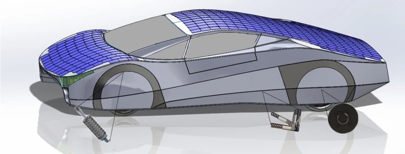 CAD view of the Immortus, showing the location of the solar panels, the hub motor, the carbon tube/3D-printed titanium node space frame