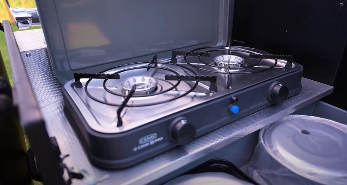 Berg packs a portable Cadac dual-burner stove on its slide-out kitchen