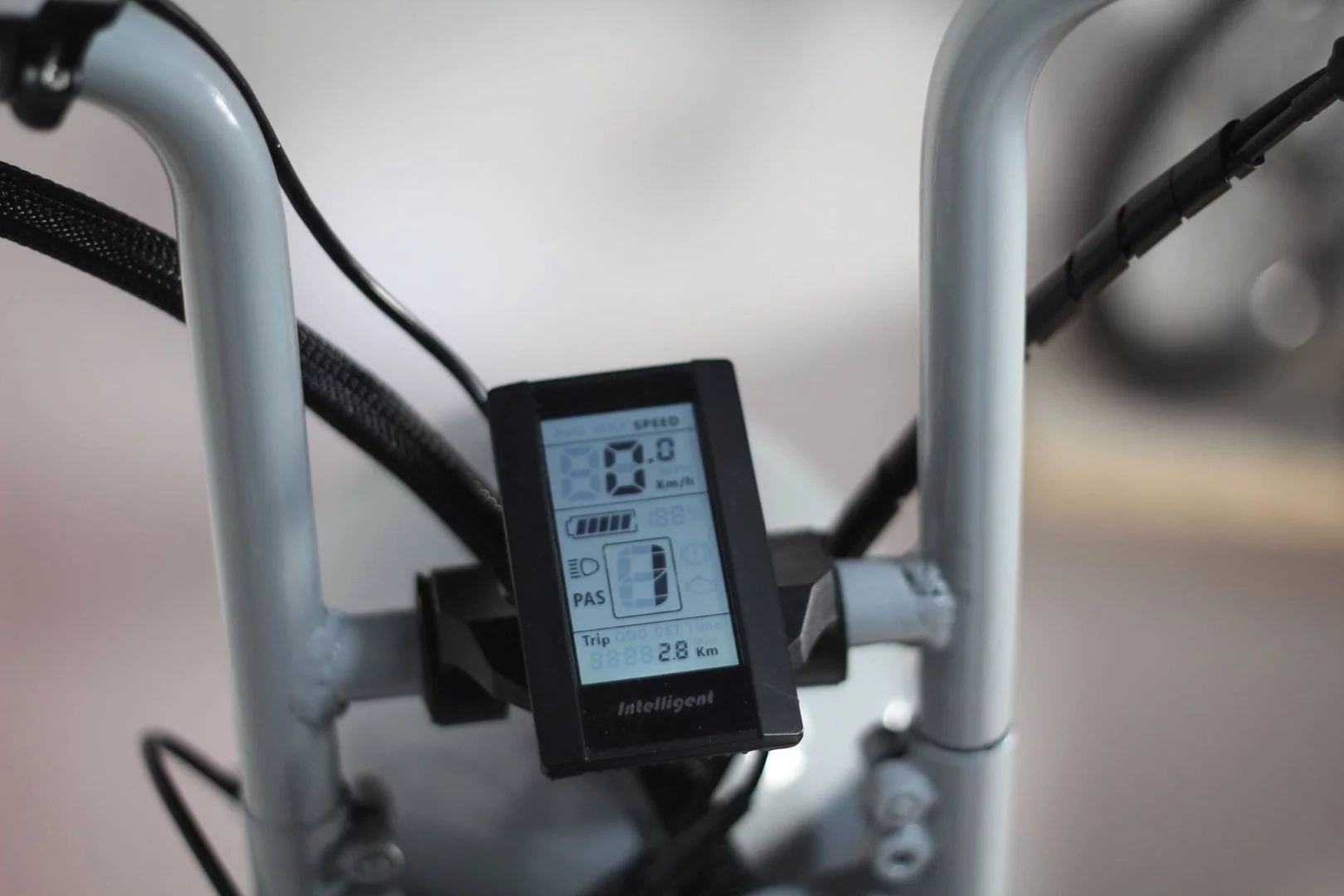The Moke e-bike's computer lets the rider switch between the nine pedal-assist modes while also viewing system information