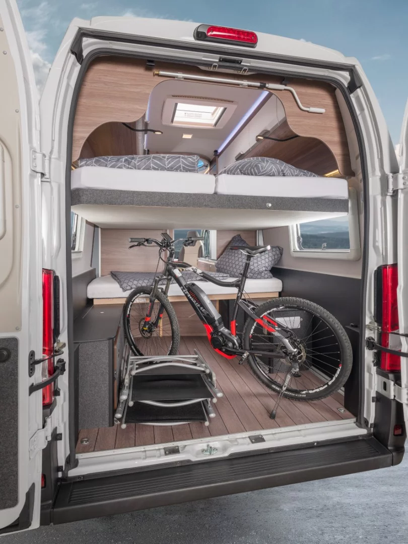 Remove one of the lower mattresses and you get a three-sleeper that can carry a bike