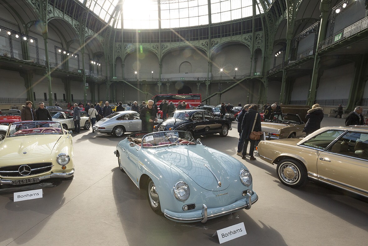 One of 1,166 Porsche 356A Speedsters produced in 1957, this was delivered to the USA, where it resided until it was recently purchased and taken to Belgium. There it was re-sprayed to its original Meissen Blue color, while the upholstery was re-trimmed in the correct red and a Porsche Certificate of Authenticity sought and issued. The Speedster has a non-matching 1,600 Super engine of the same year that produces 75 horsepower instead of 60 horsepower, making it even more enjoyable to drive, while the electrical system has been upgraded to 12 volts for improved reliability. Coupé seats are sometimes fitted to Speedsters, but this one has the Speedster type preferred by most enthusiasts. | Lot 377 | Auction Description | Estimate: €260,000 to €340,000 | sold for $359,104 (€293,250)