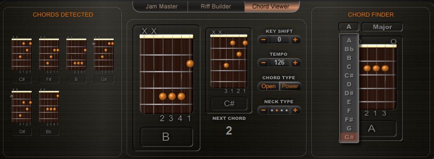 The Chord Viewer shows detected chords, current and upcoming chord shapes, and includes a handy chord finder