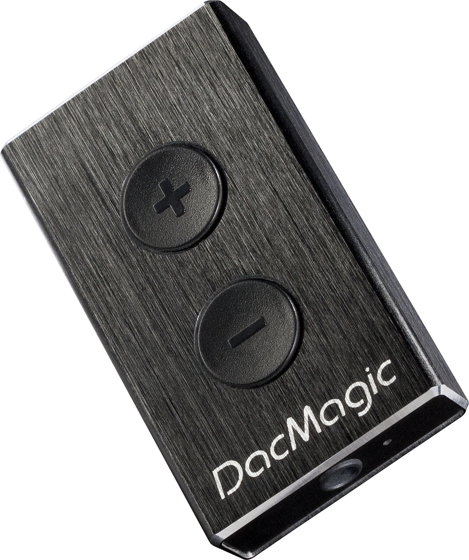 The front of the black brushed aluminum housing has analog up and down volume controls