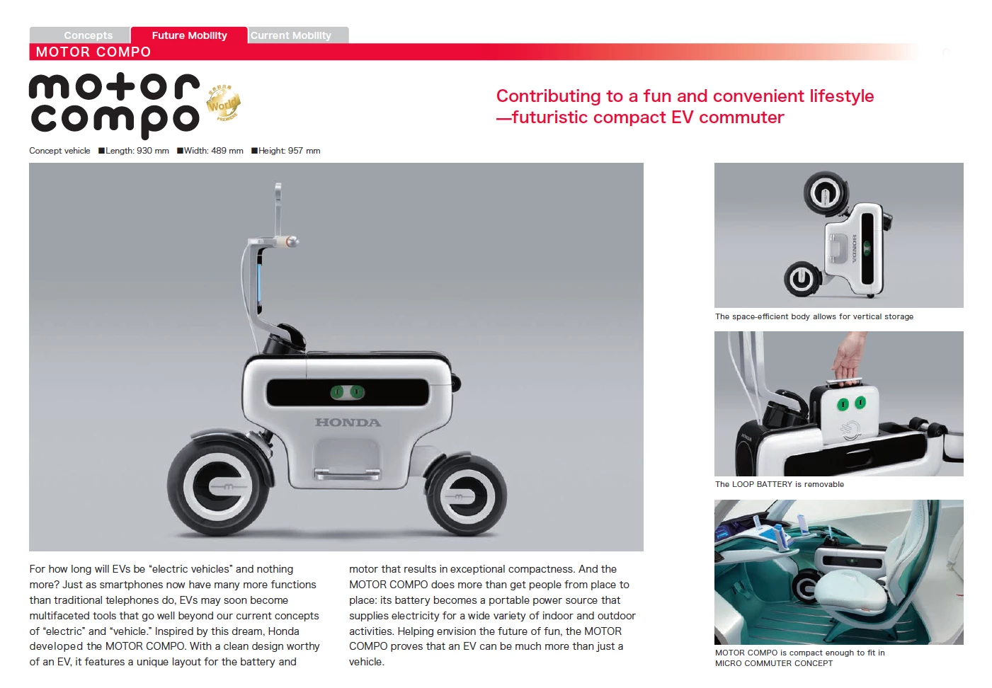 The original Micro Commuter Concept was fitted with a Moto-Compo fold-up electric scooter