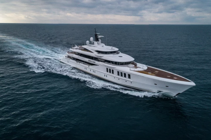 The M/Y "Spectre" combines inspirations from race cars of the 1950s and '60s with a state-of-the-art hull design