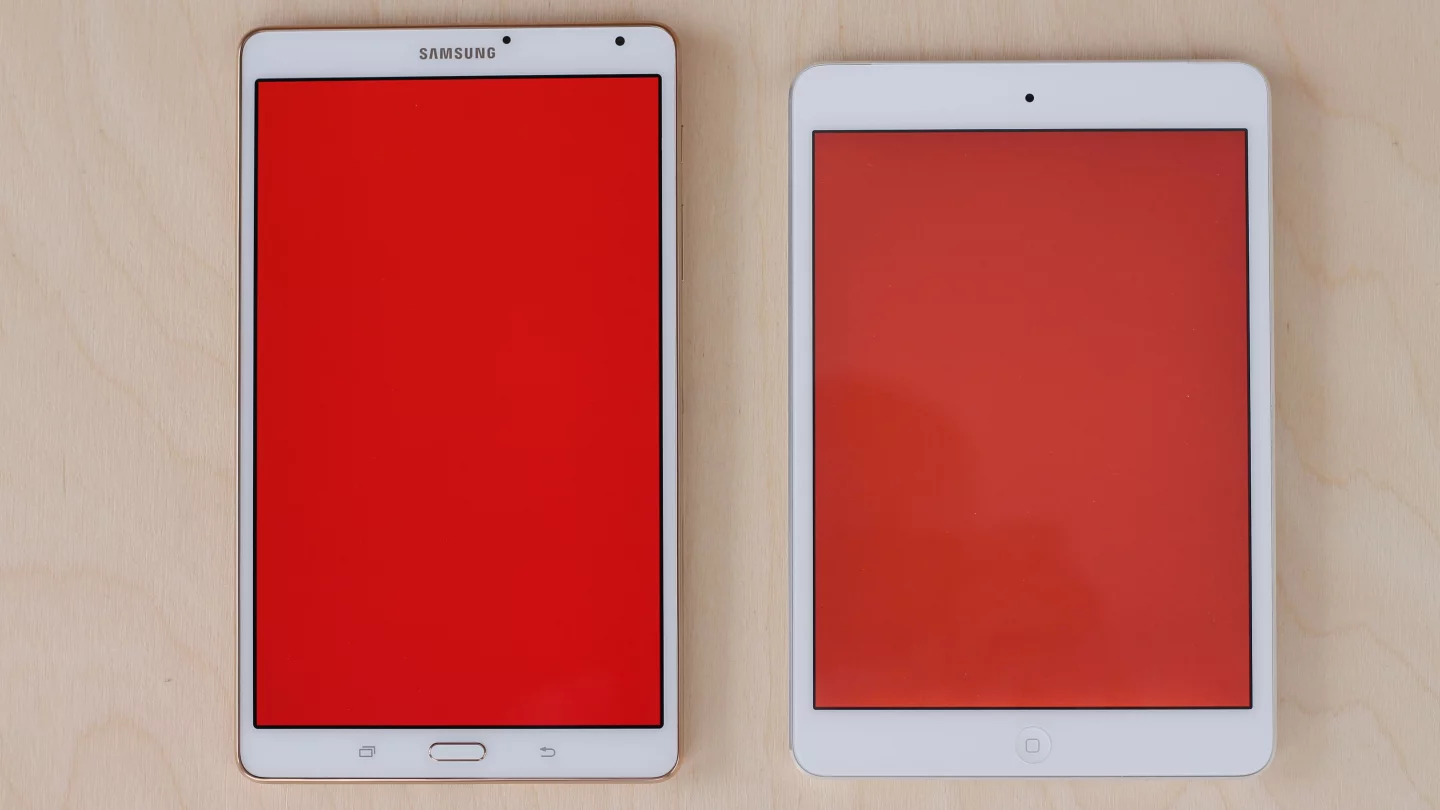 The Tab S 8.4 (left) gives you 6 percent more screen area than the iPad mini (right)