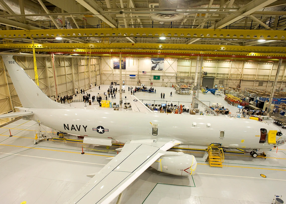 The P-8A program's fourth flight-test aircraft, T4, is the first to enter the new production facility (Image: Boeing photo)
