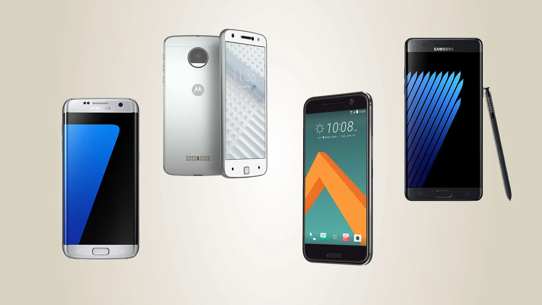 From L to R: Samsung Galaxy S7 edge, Moto Z, HTC 10, Samsung Galaxy Note 7
