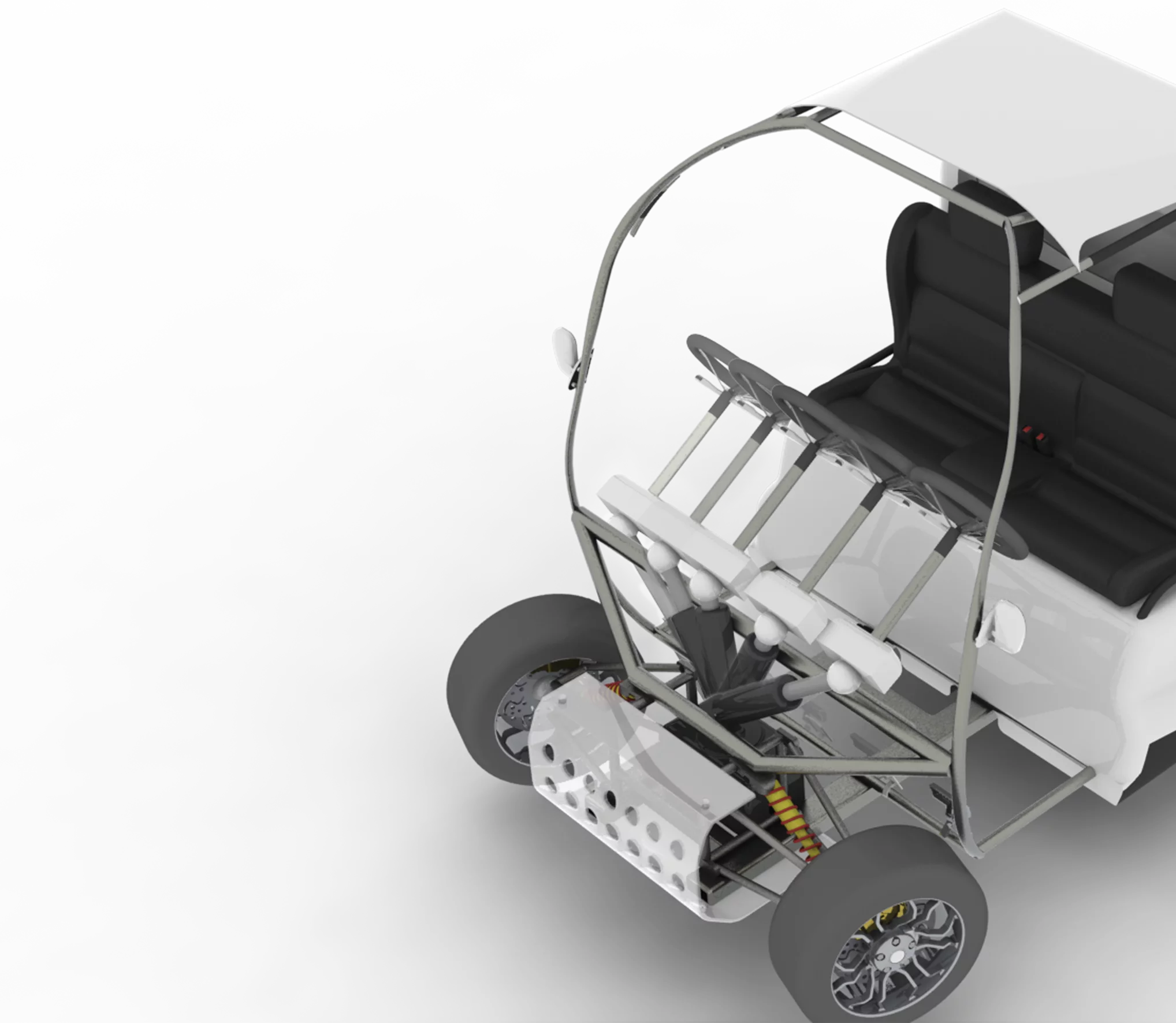 The driver can reposition the steering wheel on either the left or right of the Bug-E by sliding it along a track in the dashboard
