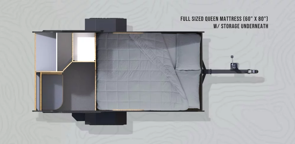 The original Campinawe floor plan, now called the Comfort Queen, fills out most of the interior with a queen mattress in front of the entry foyer/closet area