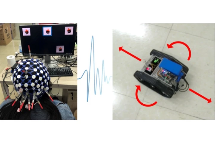 A test subject uses the electrodes to mind-control a toy car