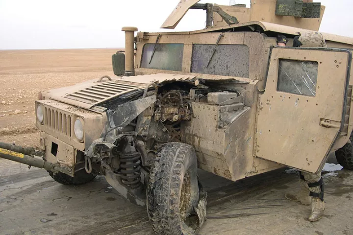 A Humvee that ran over a mine in Iraq